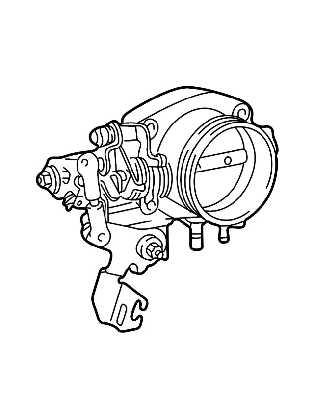 Roverland Parts Throttle body assembly line drawing showing butterfly valve linkage and mounting bracket