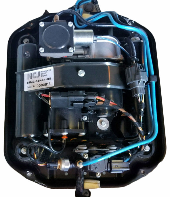 Land Rover Range Rover Parts Air Suspension compressor assembly with wiring and blue air tubes