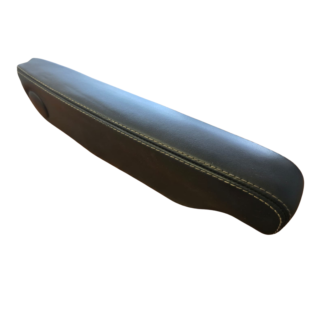 Black leather car armrest with contrasting stitching for enhanced comfort and style