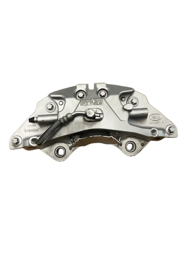Roverland Parts Brake Caliper Front Right in metallic silver with hose and mounting holes