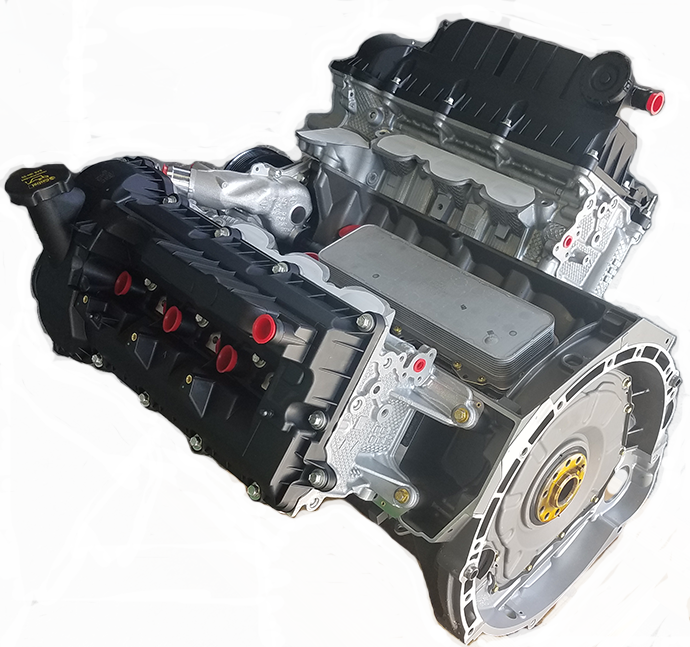Range Rover Engine Assembly displayed on black background showing intake manifold and flywheel