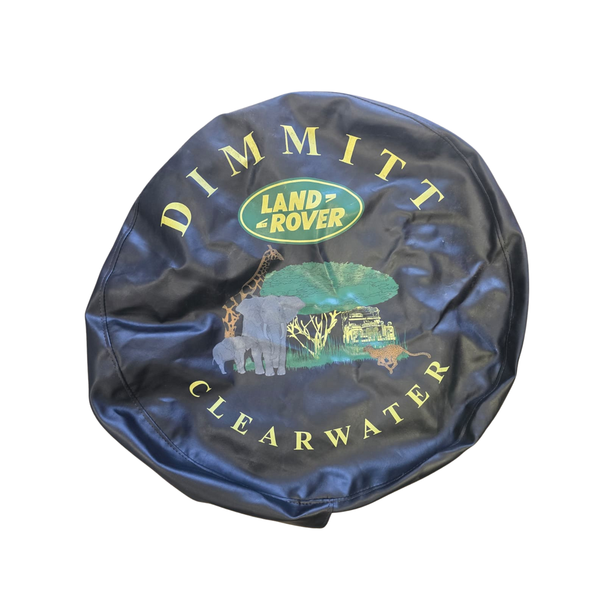 Land Rover Spare Tire Cover featuring Dimmit Clearwater and animal graphics for vehicle protection