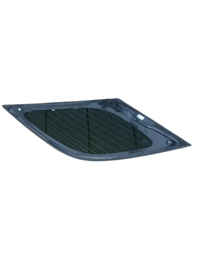 Quarter Glass Right Rear replacement part from Roverland Parts shown with metal frame and mounting components