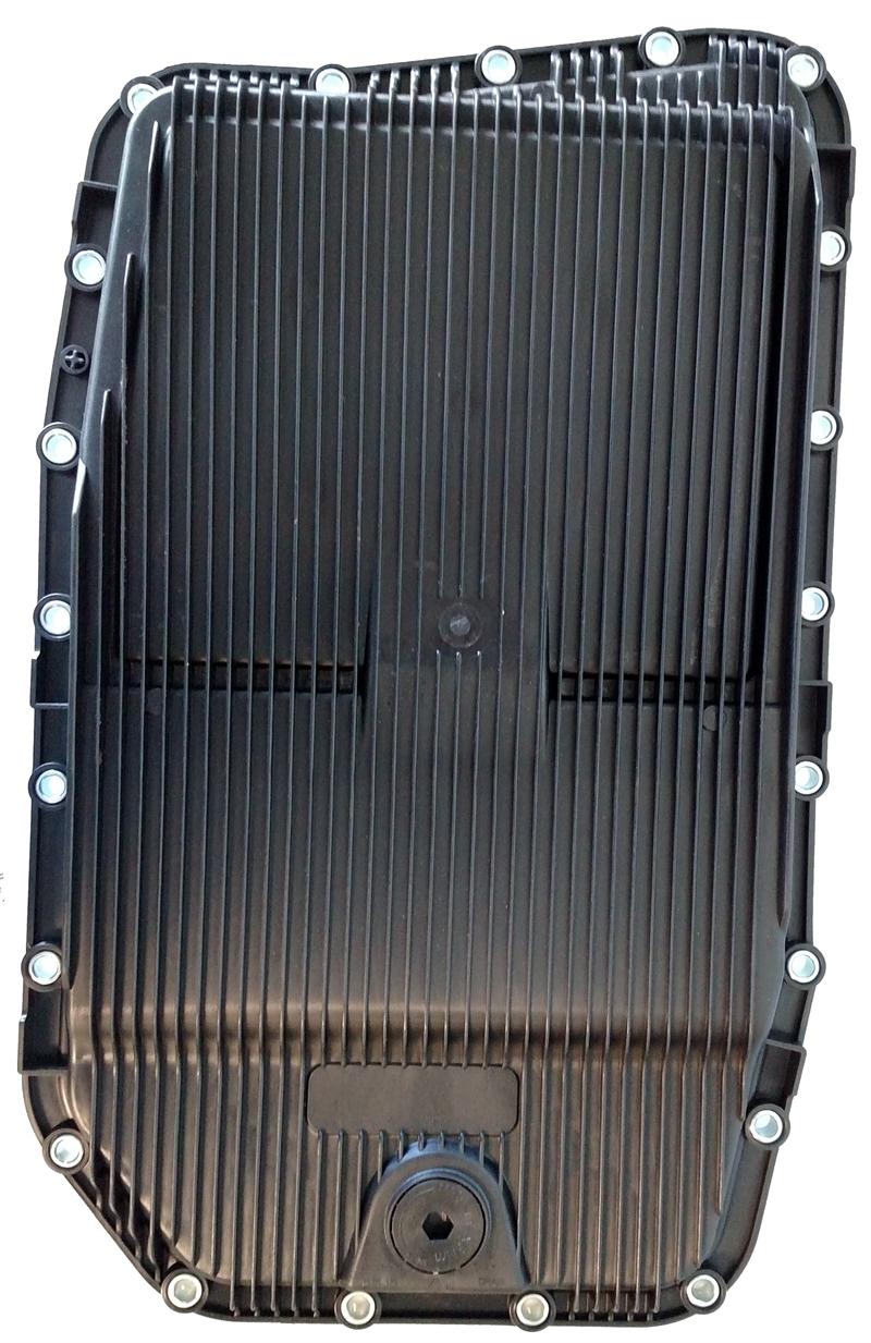Black 2006-2013 Range Rover transmission pan with bolt holes and ribbed design for durability