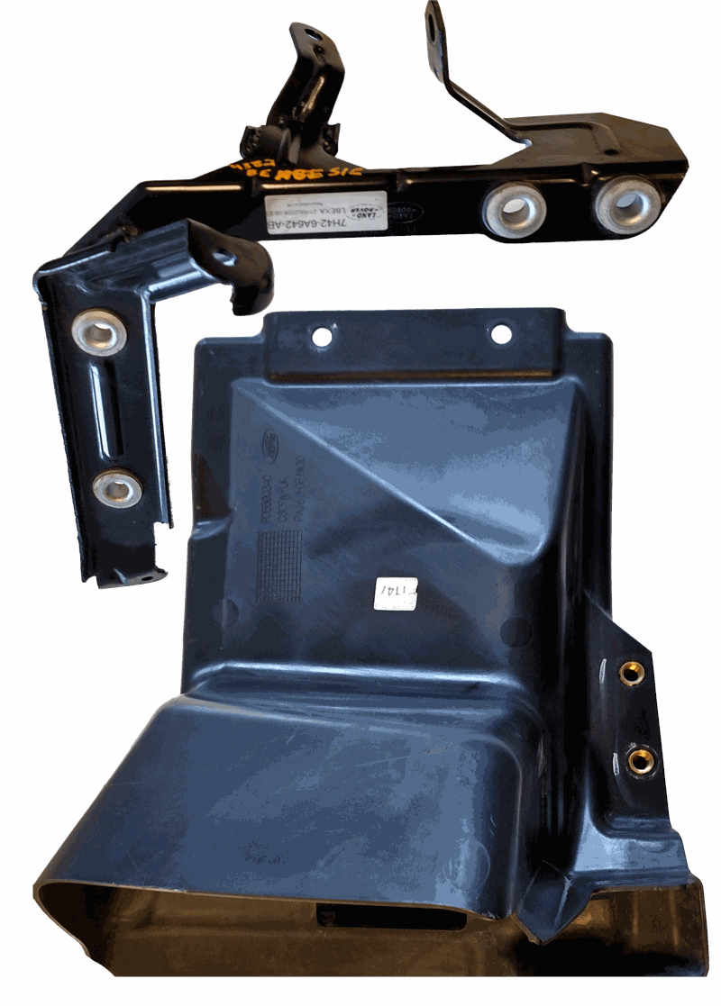 Black plastic Range Rover Air Deflector parts with mounting brackets and screw holes