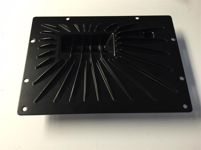 Black metal heat sink panel for amplifier component from LR2 Parts with mounting holes