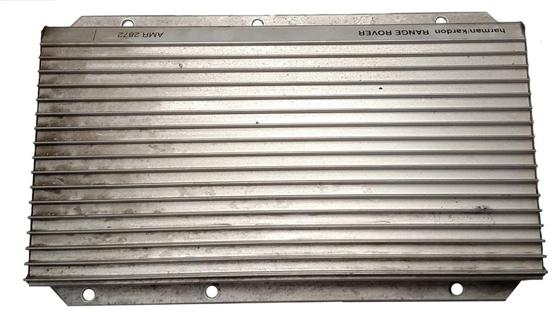Amplifier for Range Rover parts with metal ribbed casing and mounting holes