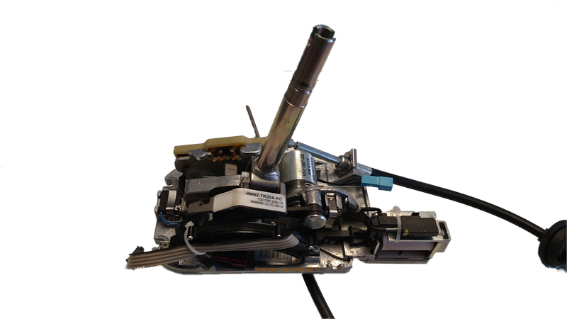 Range Rover Parts shifter assembly with cables and metal components isolated on white background