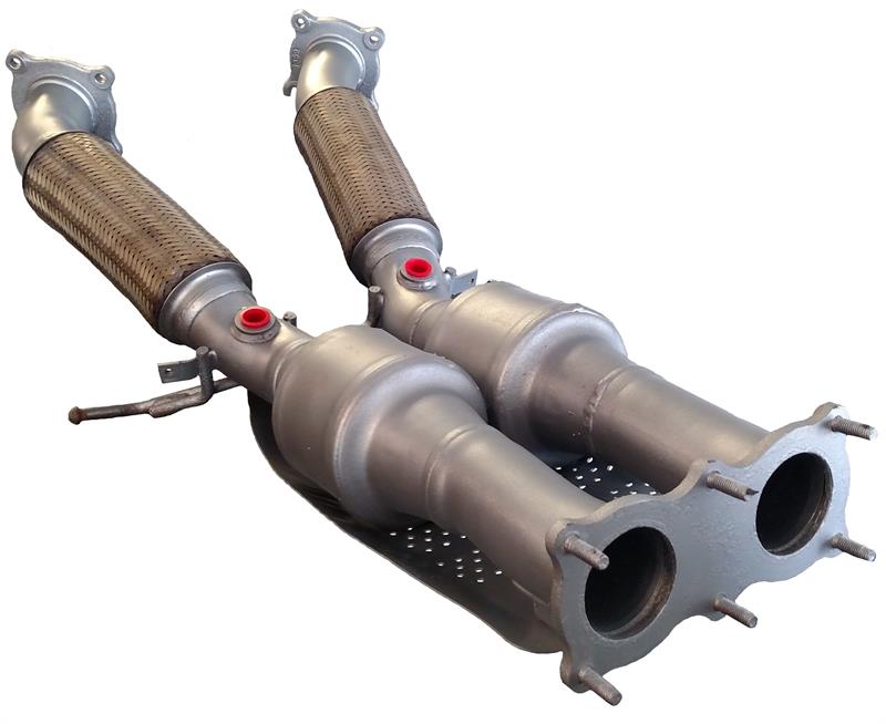 LR2 Parts exhaust converter with dual pipe design and flexible mesh section for vehicle emission control