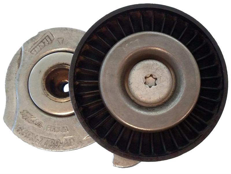 LR2 Parts tensioner with metal and black plastic components for engine belt system