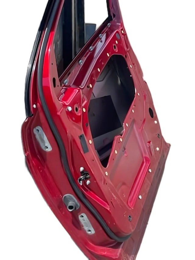 Roverland Parts Left Front Door red inner door shell stripped showing weatherstripping and mounting holes