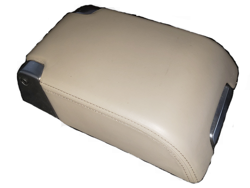 Beige Console Lid for LR3 and LR4 parts with stitched leather upholstery and metal accents