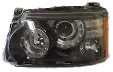 Clear Range Rover headlight assembly with dual round projector lenses and turn signal indicator