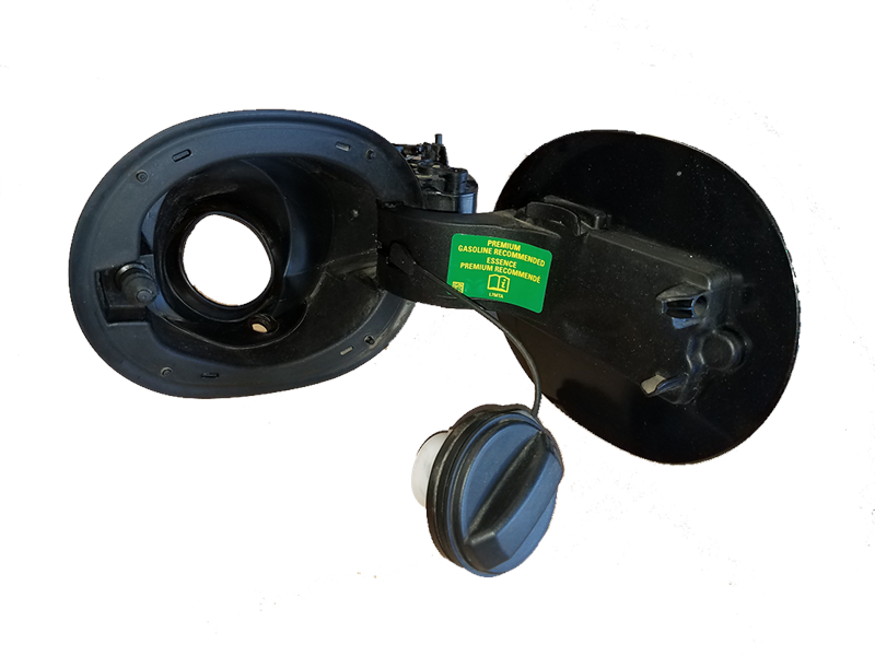Range Rover Gas Door Pocket with attached gas cap and fuel warning label in black