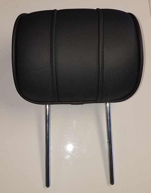 Black perforated leather Range Rover headrest with two chrome rods for vehicle seat support