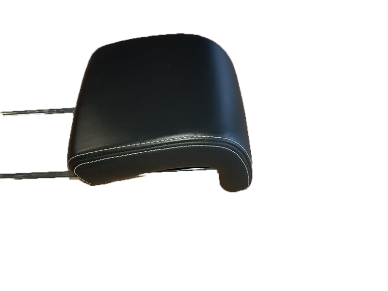 Black leather Range Rover headrest with white stitching and metal support rods