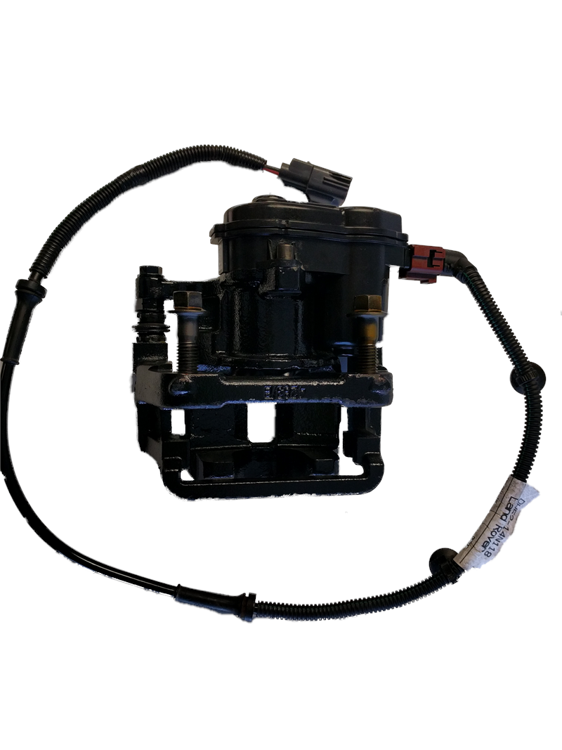 Black LR2 Parts Brake Actuator with attached wiring harness for vehicle braking system