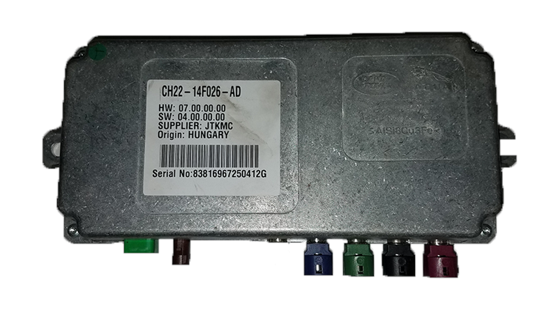 Range Rover Camera Control Module automotive part with multiple colored connectors and metal casing