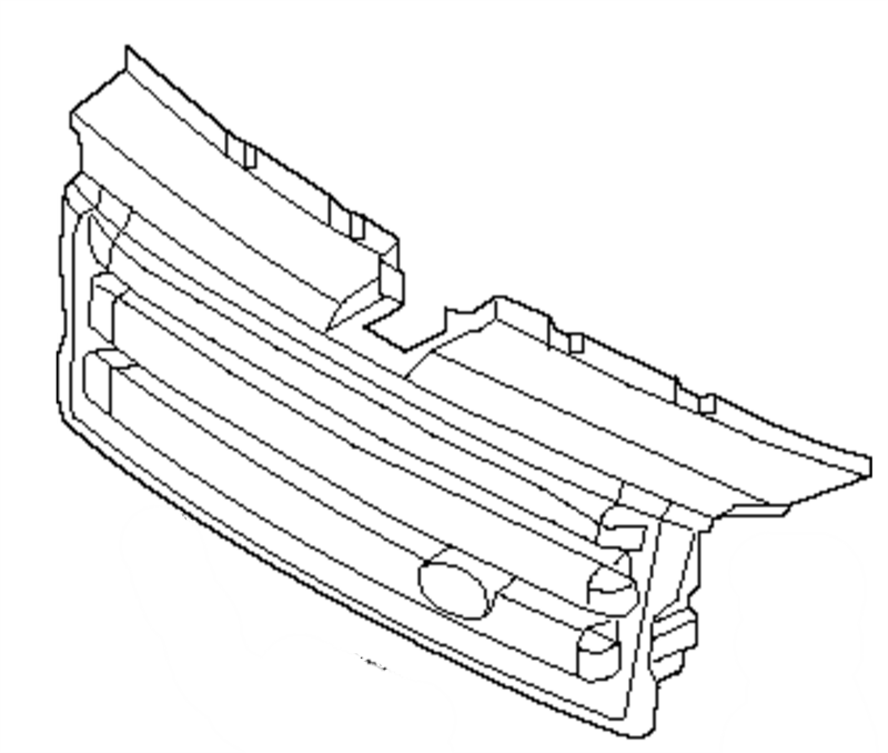 Line drawing of a Range Rover grille part with detailed contours and mounting points