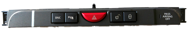 LR3 and LR4 parts dashboard panel with switch buttons including hazard and passenger airbag off indicator
