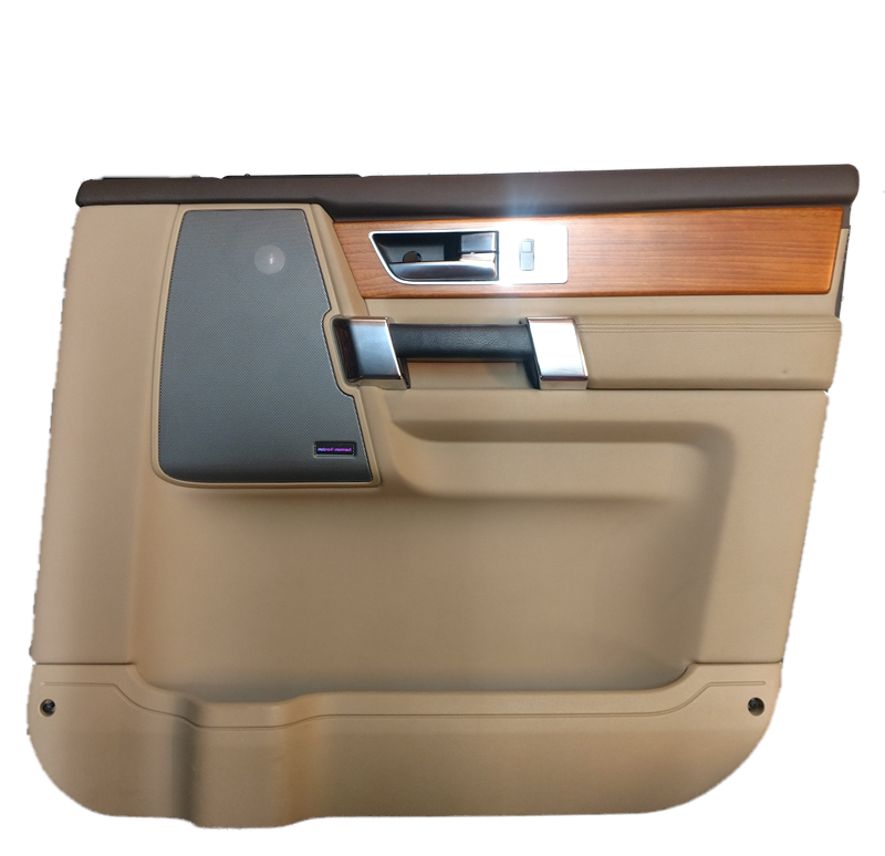 Beige and wood trim Door Panel for LR3 and LR4 with black handle and speaker cover