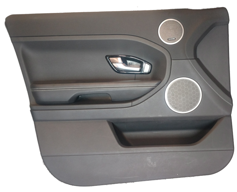 Evoque Parts black car door panel with silver handle and integrated speaker system