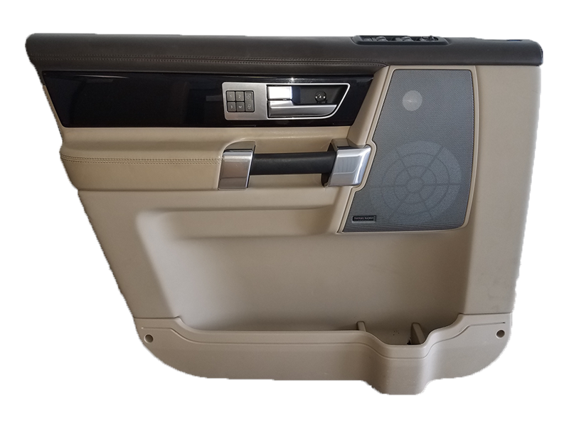 LR4 Front Left door panel with beige and black trim featuring handle and speaker grille