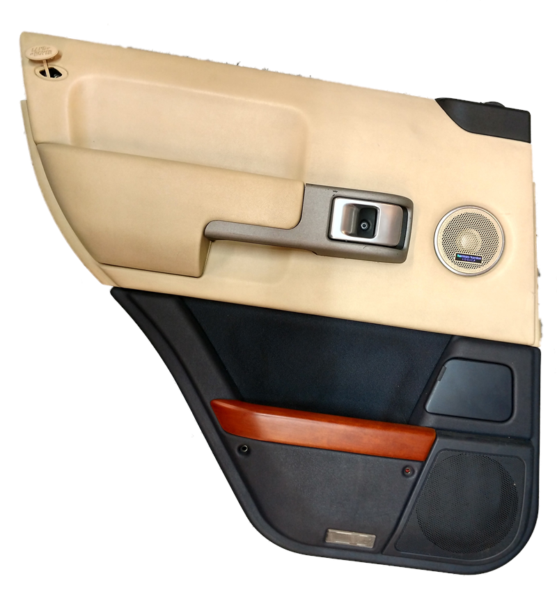 Beige and black Range Rover door trim with wood accent and speaker integrated
