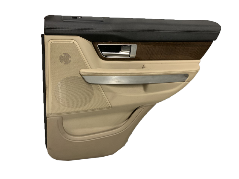Beige and black Range Rover door trim panel with wood and silver accents for interior replacement