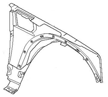 Diagram of a front fender panel for Range Rover parts with mounting points and design outlines