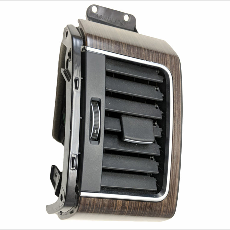 Land Rover Range Rover Outer dashboard air vent trim in woodgrain with chrome bezel and black louvers