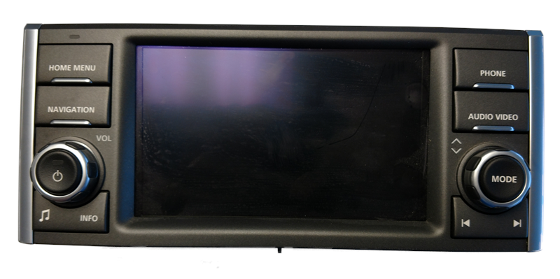 Range Rover radio unit with home menu, navigation, phone, and audio video control buttons