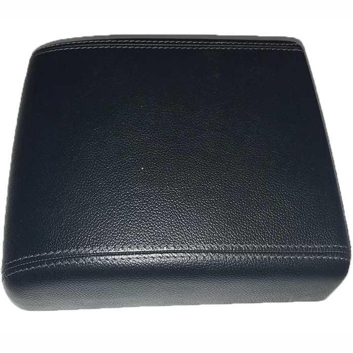 Evoque black leather center console armrest cover with detailed stitching