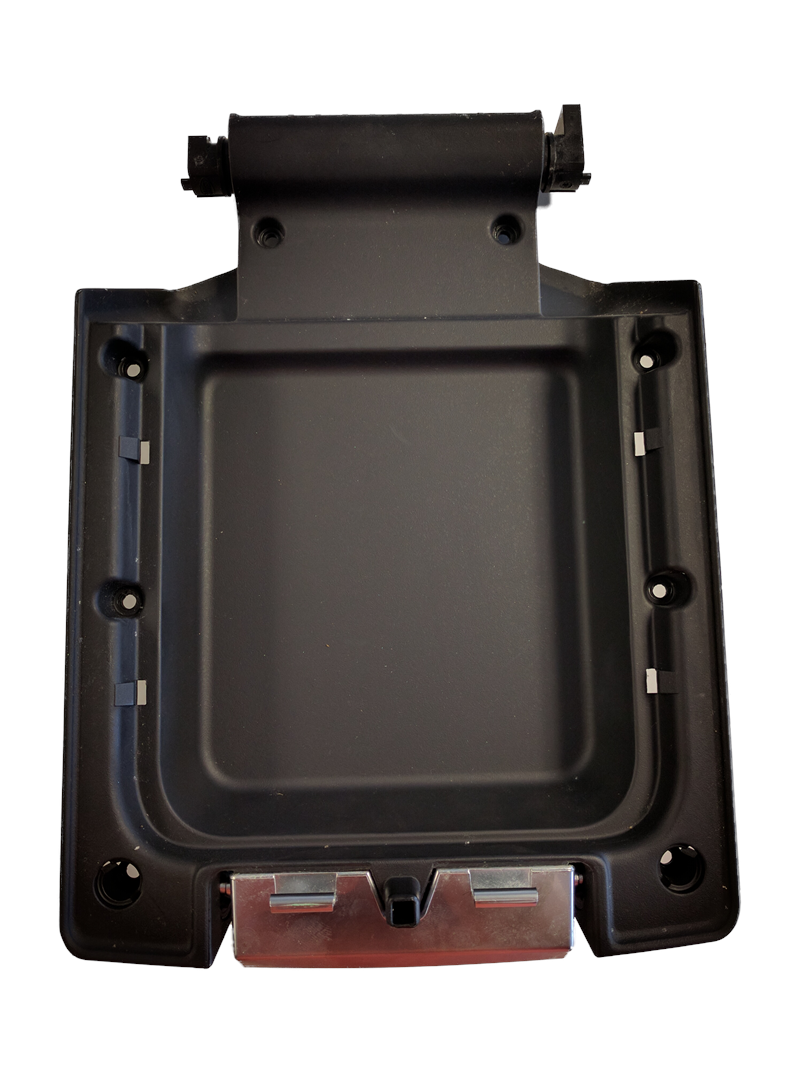 Black center console lid part for LR3 and LR4 vehicles with mounting points and hinge