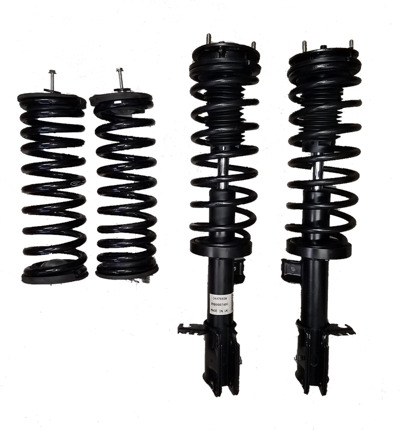 Set of black Range Rover suspension coil springs and shock absorbers for vehicle repair