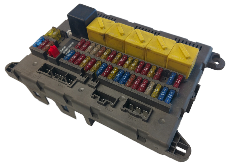 Freelander Parts compartment fuse box with multiple colored fuses and yellow relays on gray base
