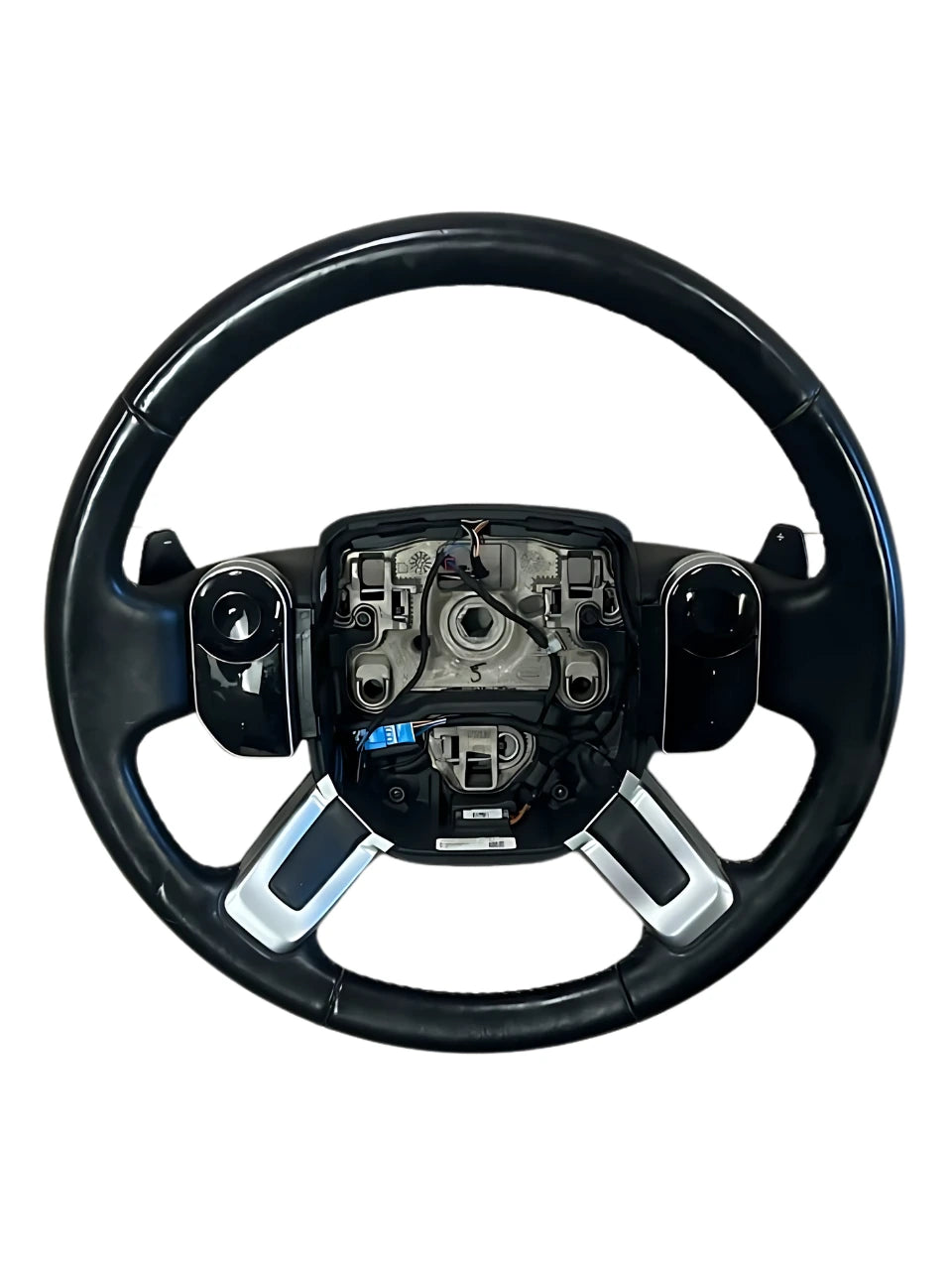 Black Discovery Steering Wheel with integrated control buttons and silver accents by Roverland Parts
