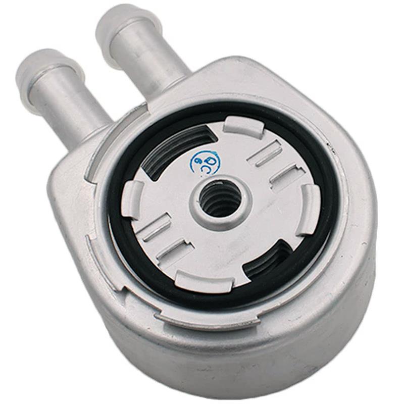 Silver metal engine oil cooler part for Evoque with two inlet tubes and central mounting hole