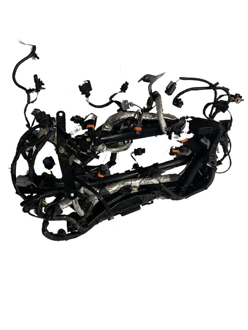 Range Rover engine wiring harness with multiple connectors and bundled cables for vehicle electrical system