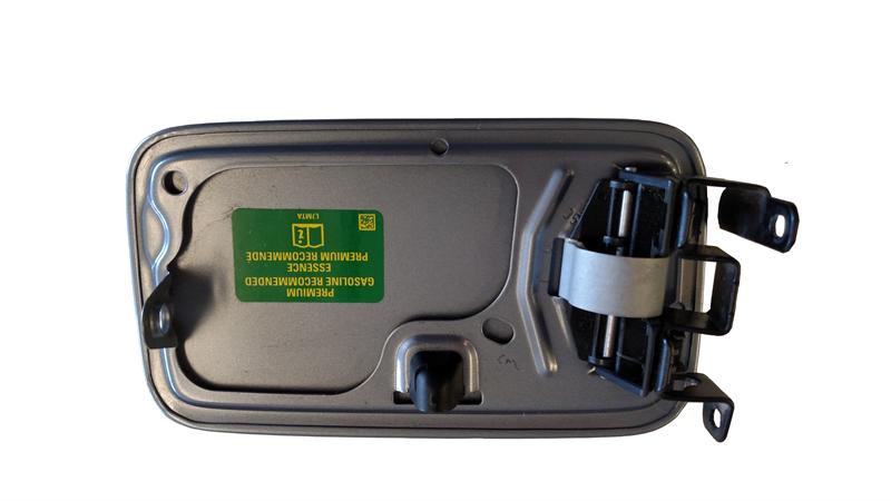 Gray Range Rover Parts gas door with hinge and green label on white background