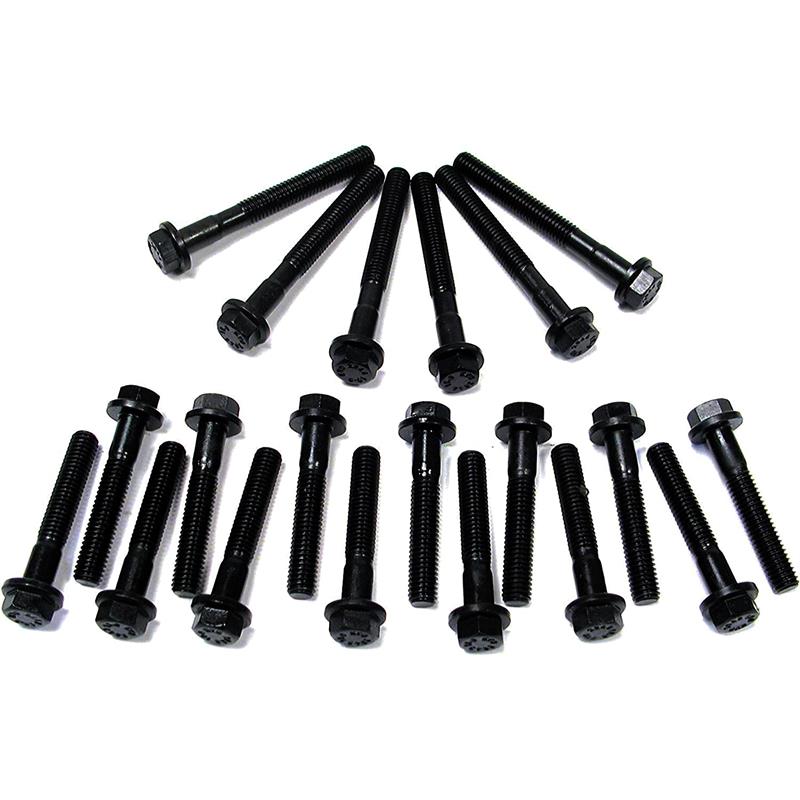 Set of black Land Rover Discovery Parts head bolts neatly arranged on white background