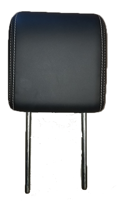 Black leather Range Rover Parts head rest with white stitching and metal support rods