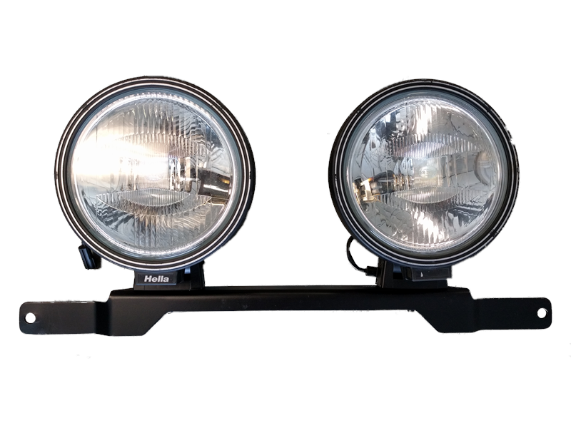Range Rover Parts dual round Fog Lights mounted on black metal bracket for vehicle front