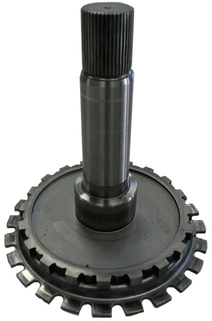 Black metal Range Rover parts output shaft with gear teeth and splined shaft section