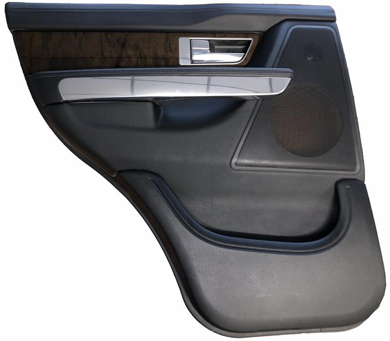 Land Rover Range Rover interior door trim panel with black leather and wood finish