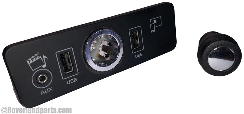 Range Rover parts panel with AUX, USB ports and a circular jack socket for vehicle connectivity