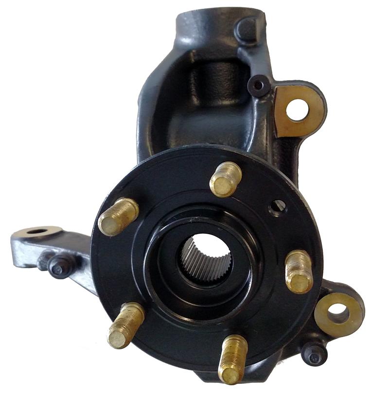 Black LR2 Knuckle part with gold wheel studs and central hub for vehicle suspension system
