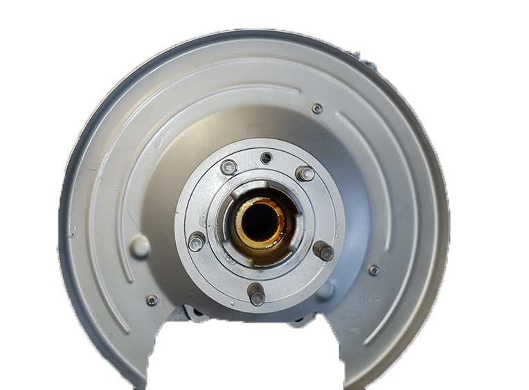 Range Rover Knuckle Or Hub part in silver with mounting bolts and circular design