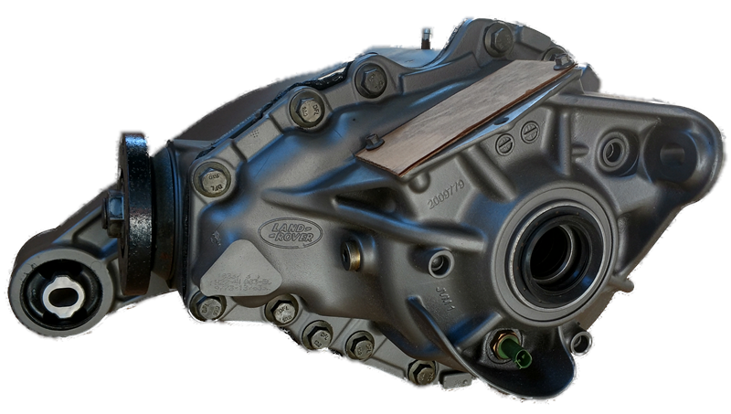 Range Rover differential assembly part in black metal with bolts and mounting points