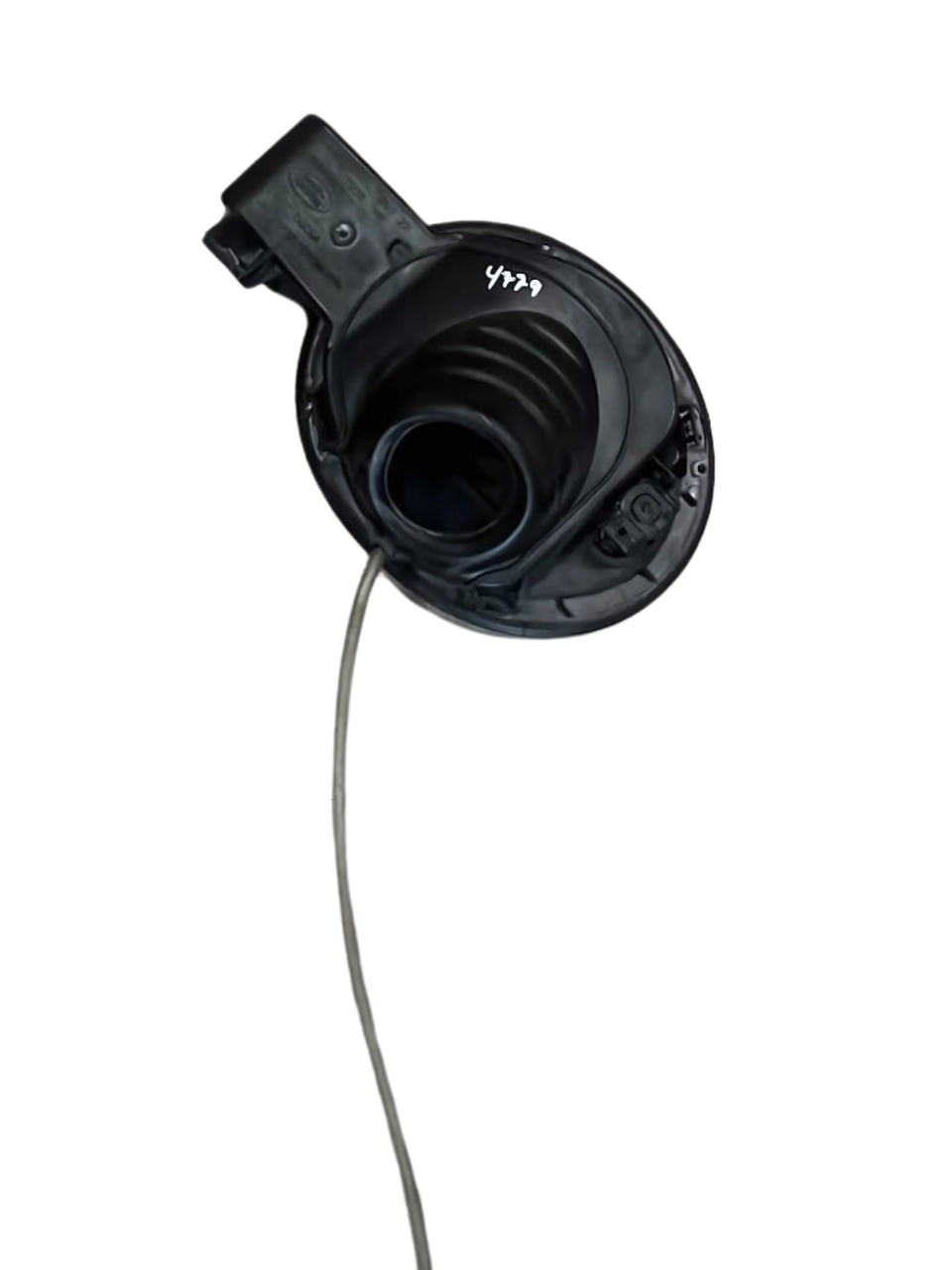 Black Land Rover Discovery Fuel Door Assembly with attached tether cable for fuel cap replacement